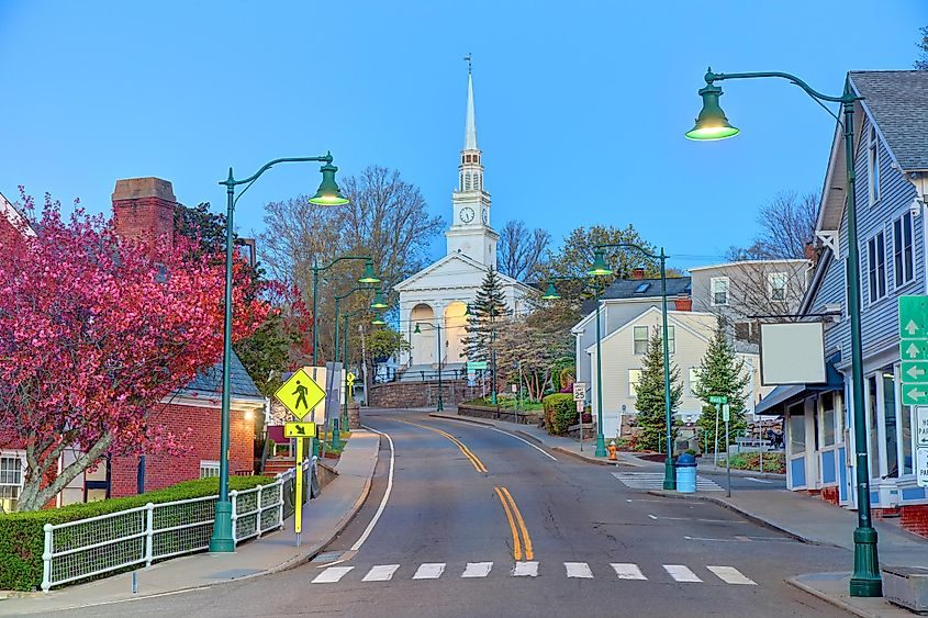 Quiet downtown Mystic street at dawn with cherry blossoms in bloom and the white church steeple rising in the distance