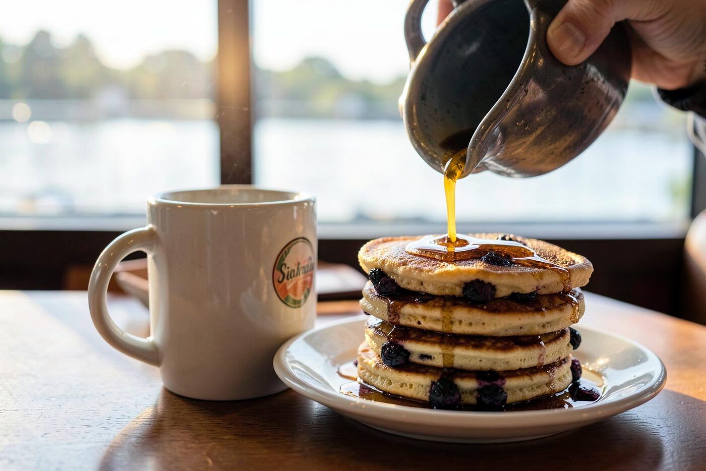 Illustrative image: Maple syrup poured over a stack of blueberry pancakes