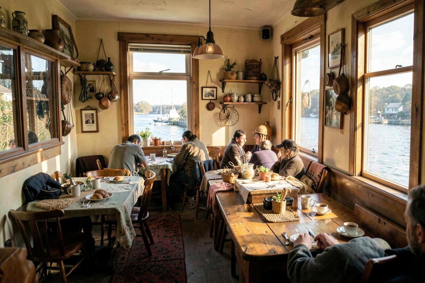 Illustrative image: Cozy riverside breakfast dining room with water views