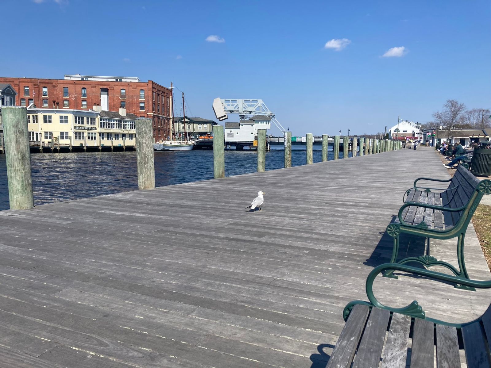 Mystic CT harbor dock where fresh seafood boats arrive daily