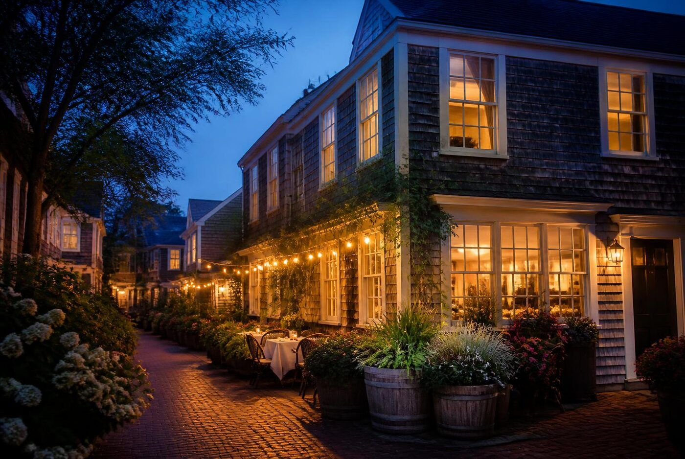 Illustrative image: Shingled New England village restaurant glowing at blue hour with string lights