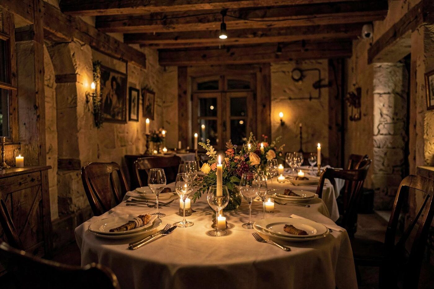 Illustrative image: Candlelit farm-to-table dining room with exposed beams