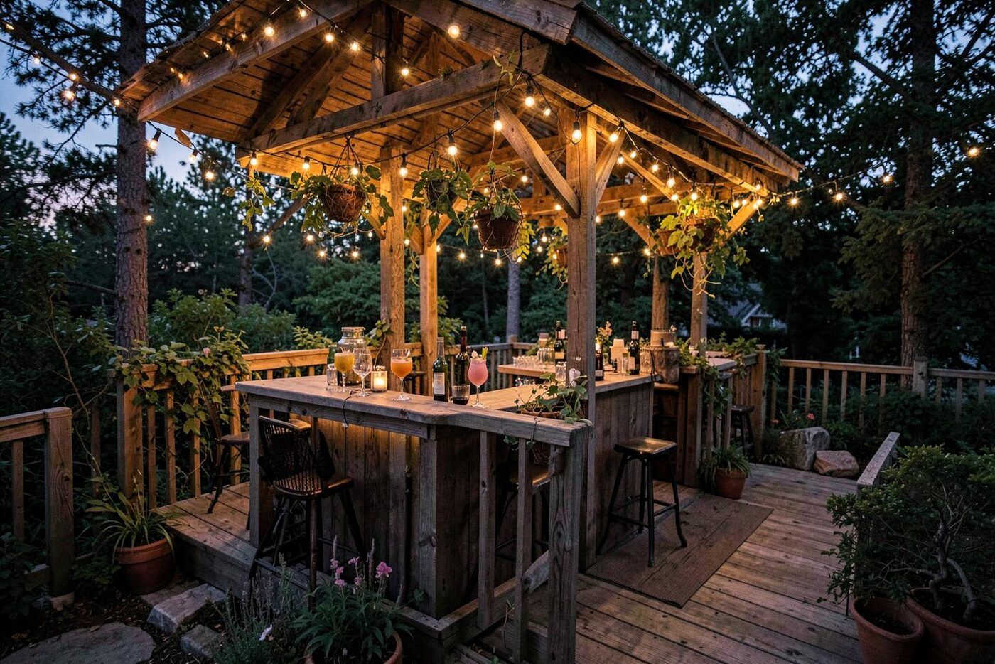Illustrative image: Outdoor treehouse-style garden bar deck with string lights at dusk