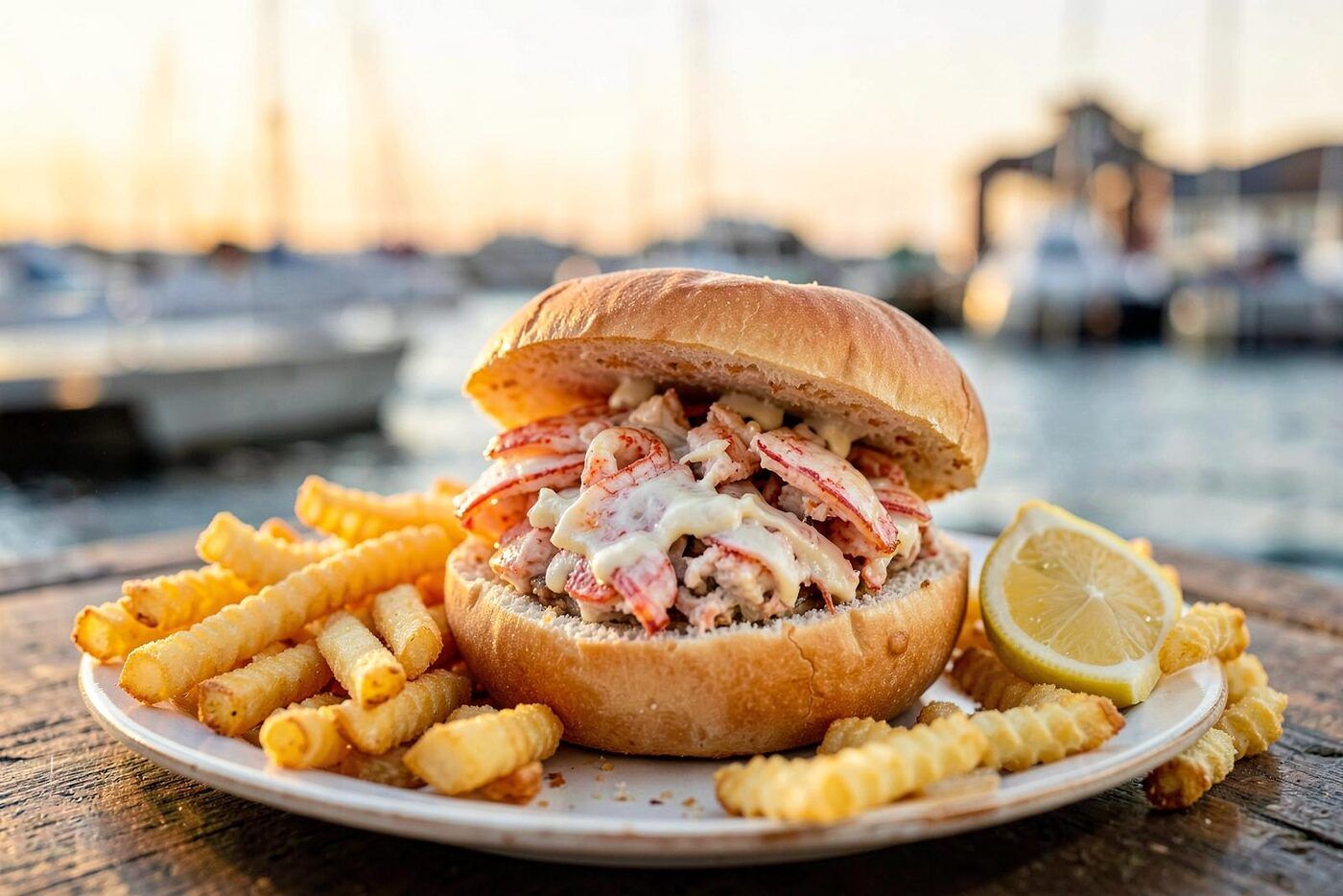 Illustrative image: New England lobster roll with crinkle fries on a harborside table