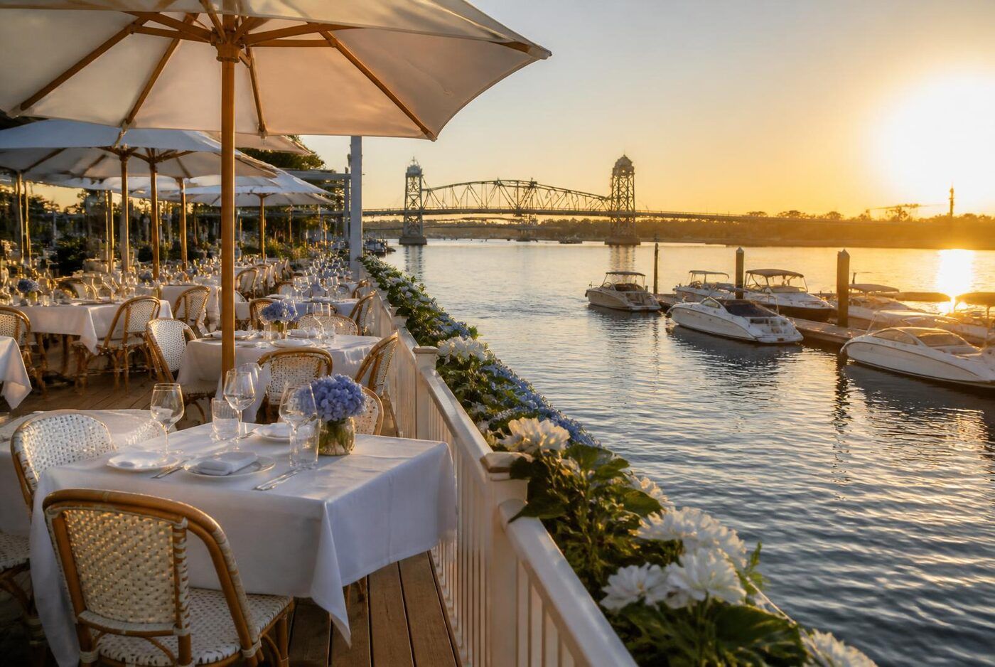 Waterfront dining beside the Mystic drawbridge at golden hour