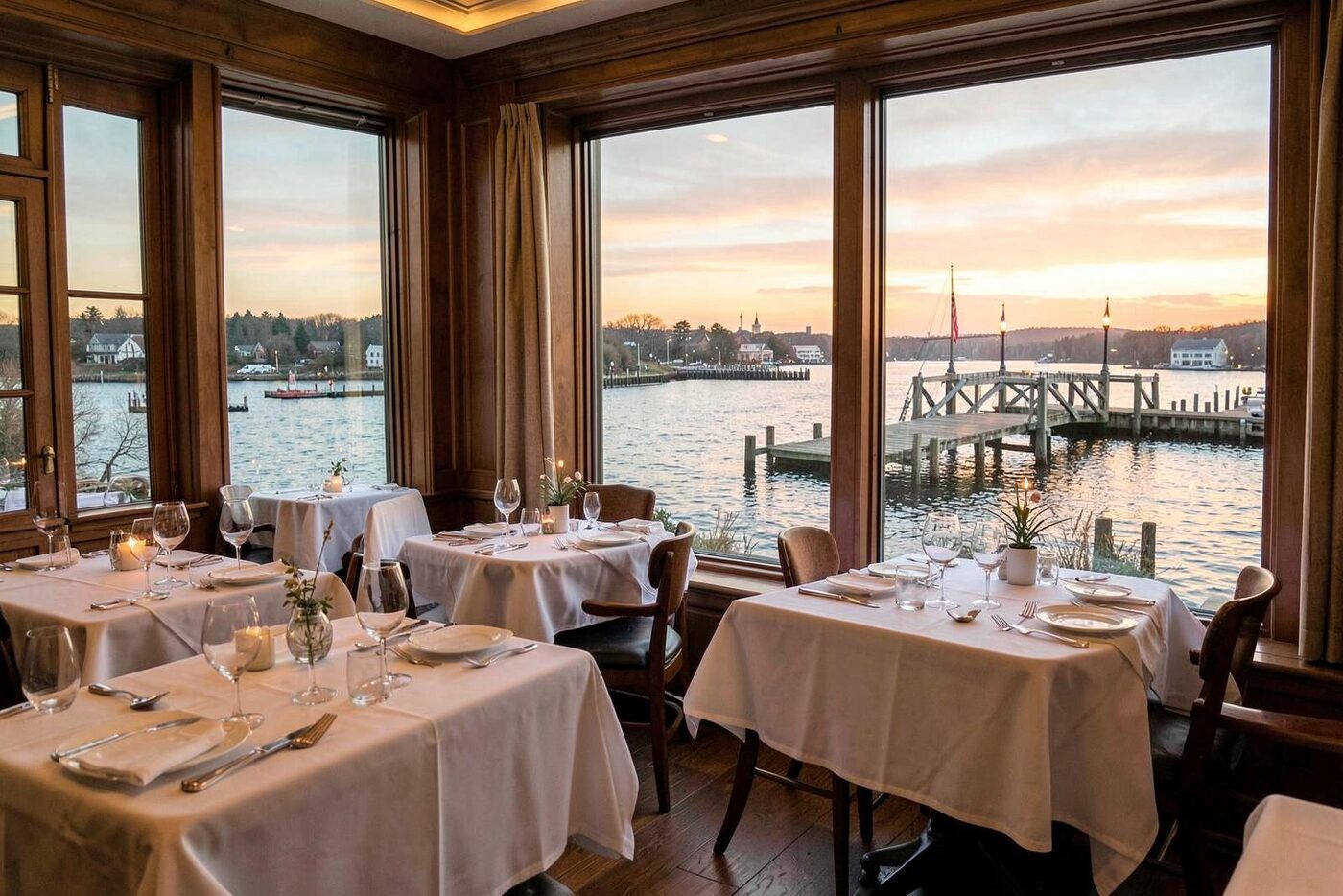 Illustrative image: Upstairs waterfront dining room overlooking a river at sunset